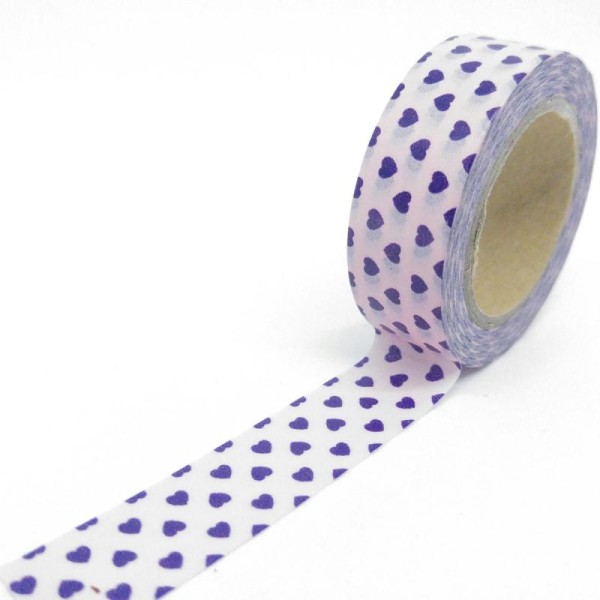 Washi tape lignes horizontales coeurs double sens 10mx15mm violet foncé et rose - Photo n°1