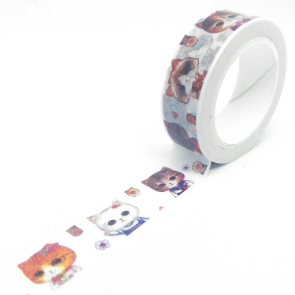 Washi tape chats habillés, pattes de chats et fleurs 10mx15mm multicolore fond blanc - Photo n°1