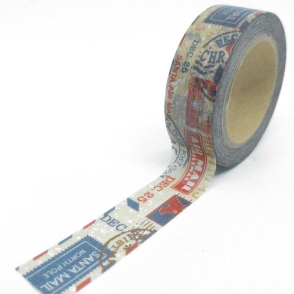 Washi tape motifs postaux air mail et tampons 10mx15mm multicolore fond marron - Photo n°1