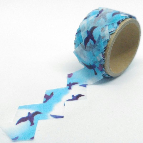 Washi tape bords découpés zigzags oiseaux volants 3mx22mm bleu et blanc - Photo n°1