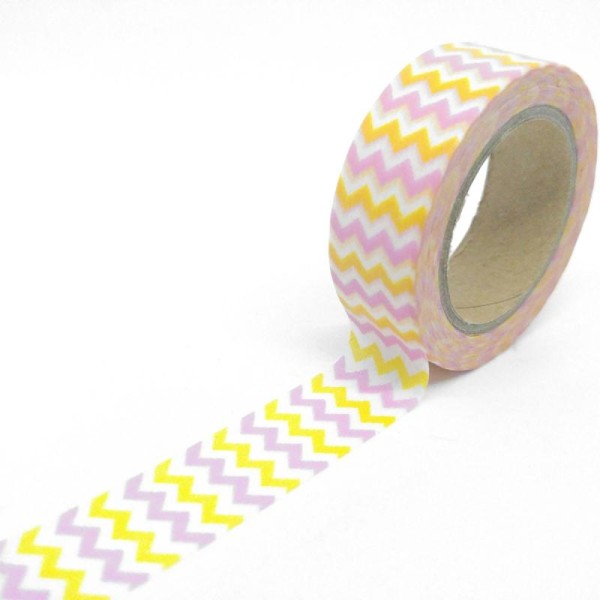 Washi tape chevrons 10mx15mm jaune, rose et blanc - Photo n°1