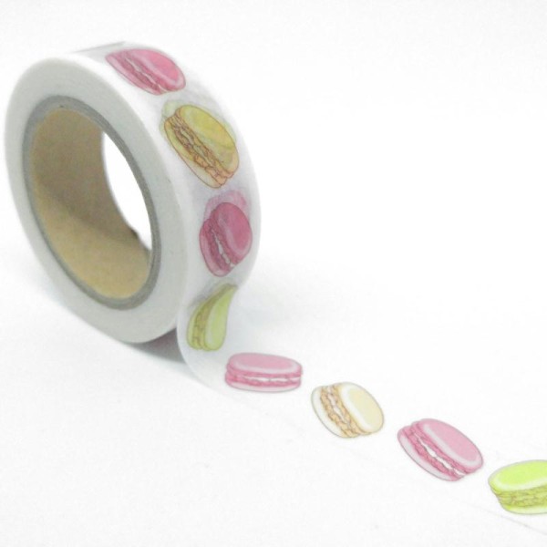 Washi tape macarons 10mx15mm rose, vert et jaune fond blanc - Photo n°1