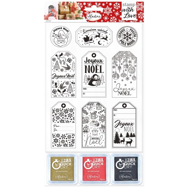 Tampon Clear Aladine Noël - Etiquettes cadeaux - 9 tampons et 3 encreurs - Photo n°1
