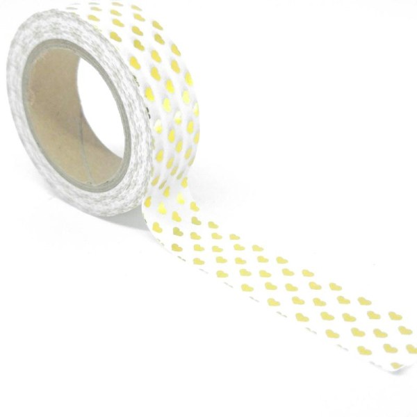 Washi tape brillant petits coeurs horizontaux 10mx15mm doré fond blanc - Photo n°1