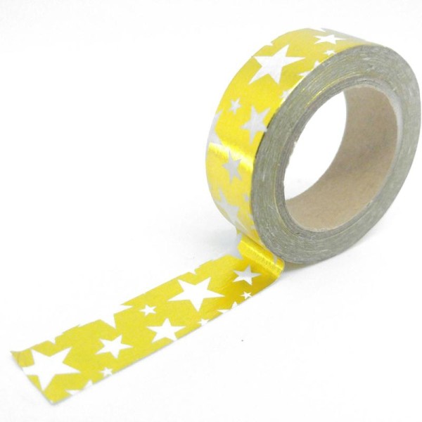 Washi tape brillant étoiles de différentes tailles 10mx15mm doré fond blanc - Photo n°1
