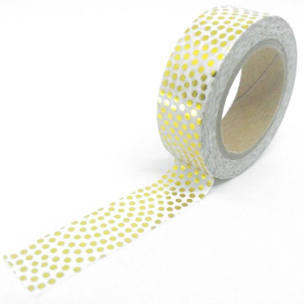 Washi tape brillant petits pois en forme de cercle 10mx15mm doré fond blanc - Photo n°1