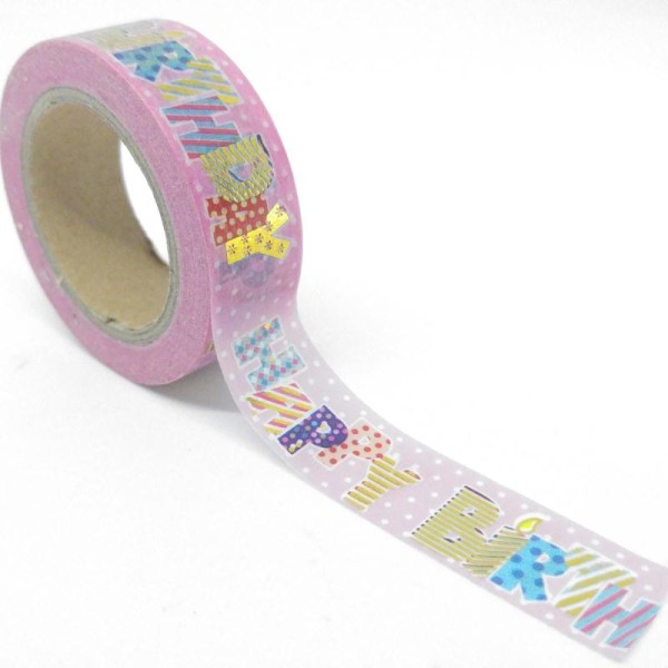 Washi tape brillant « happy birthday » lettres à motifs 10mx15mm multicolore et doré - Photo n°1