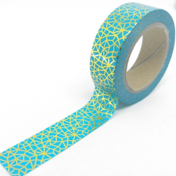 Washi tape brillant formes géométriques 10mx15mm doré fond turquoise - Photo n°1