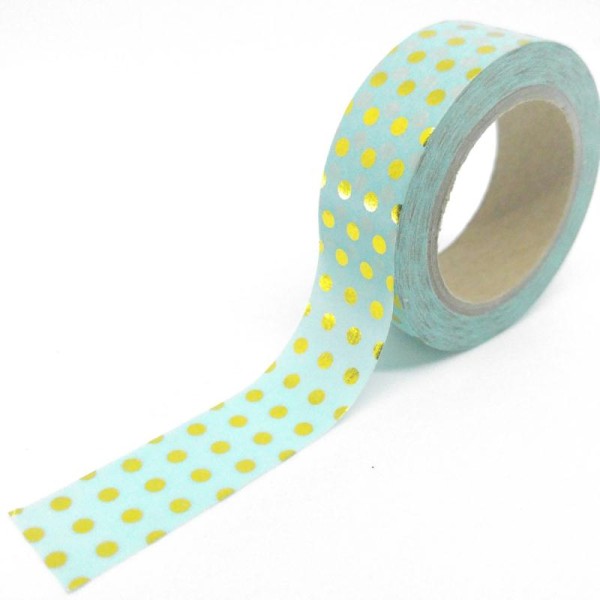 Washi tape brillant pois 10mx15mm doré fond turquoise - Photo n°1