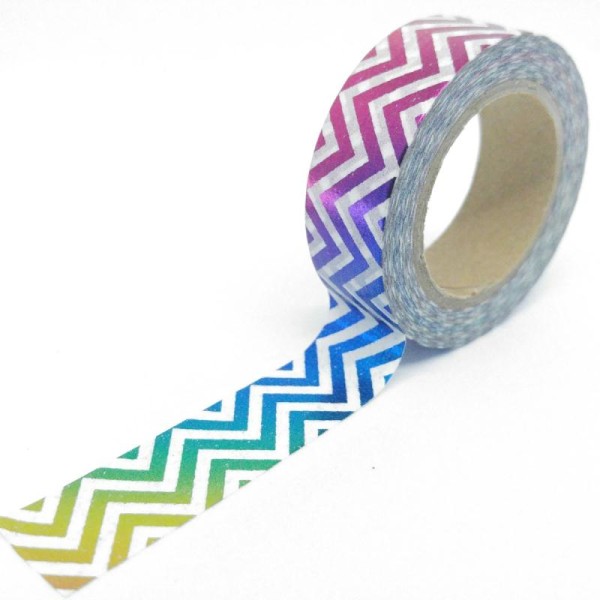Washi tape brillant chevrons à reflets 10mx15mm multicolore fond blanc - Photo n°1