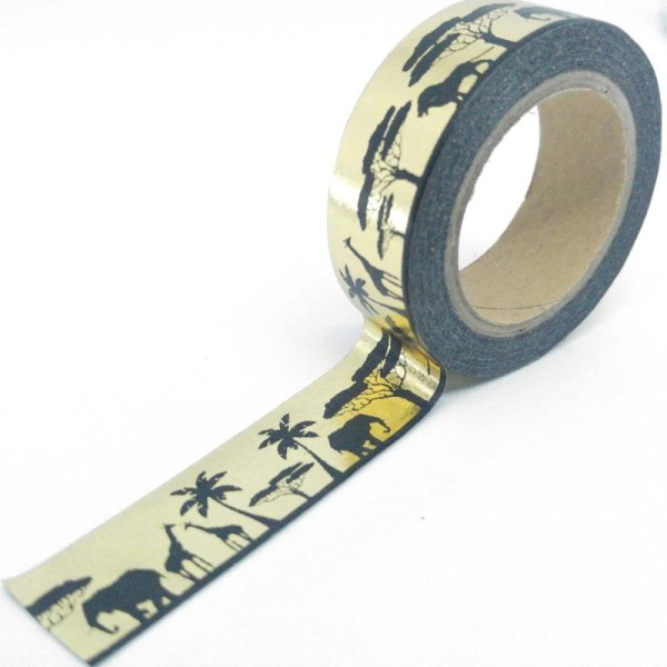 Washi tape brillant ombres animaux de la savane 10mx15mm noir et doré - Photo n°1