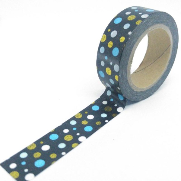 Washi tape brillant pois de différentes tailles 10mx15mm noir, blanc, bleu et doré - Photo n°1