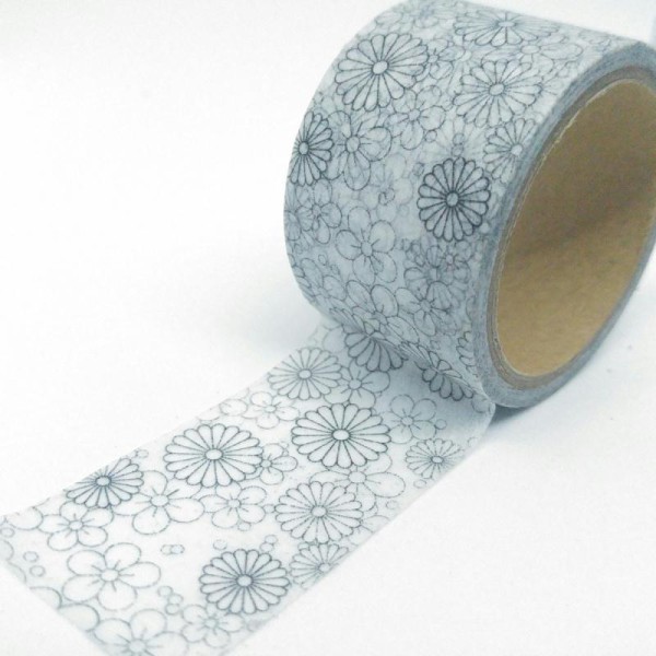 Washi tape large à colorier contours fleurs pâquerettes 5mx30mm noir et blanc - Photo n°1
