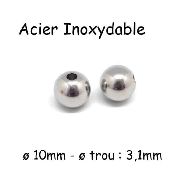 5 Perles Ronde 10mm Argenté En Acier Inoxydable Argenté - Photo n°1