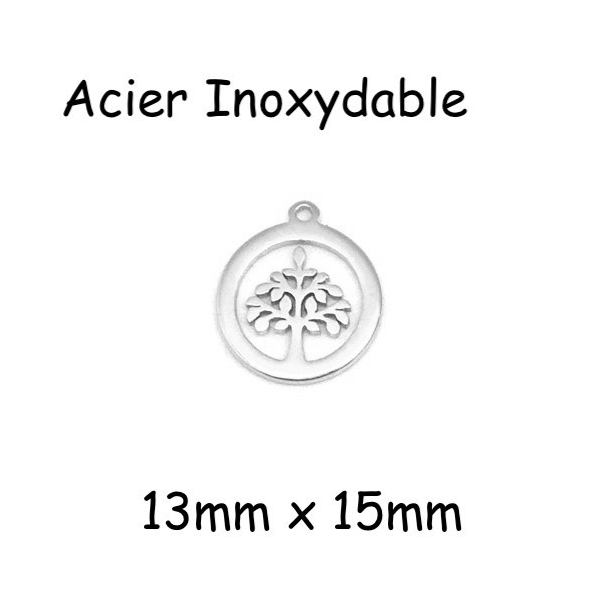 5 Mini Pendentifs Arbre De Vie En Acier Inoxydable Argenté - 13mm X 15mm - Sequin Arbre De Vie - Photo n°1