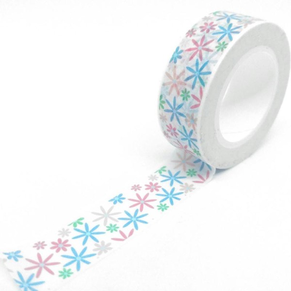 Washi tape fleurs fines sans tige 10mx15mm multicolore fond blanc - Photo n°1