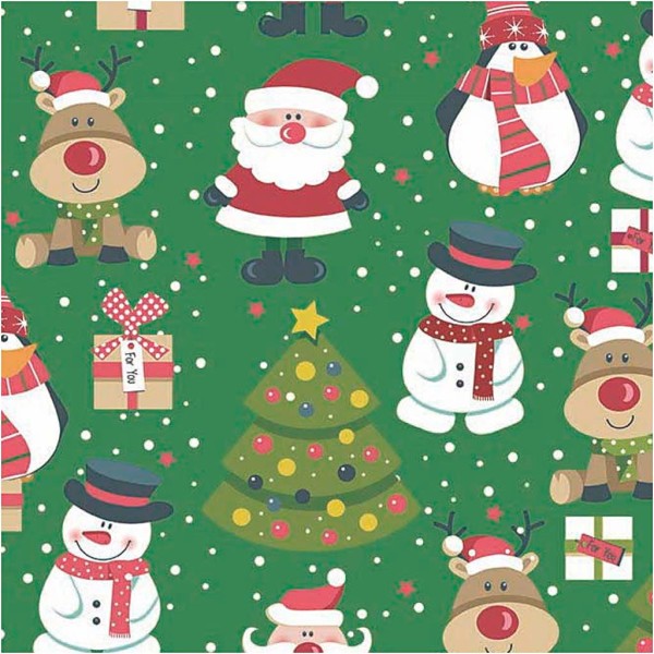 Papier cadeau, vert, Père Noël, sapin de Noël, cadeau de Noël, renne, bonhomme de neige et pingouin, - Photo n°1