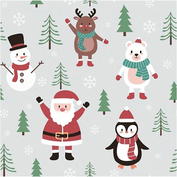 Papier cadeau, ice blue, Père Noël, bonhomme de neige, renne, ours polaire et pingouin, L: 50 cm, 80 - Photo n°1