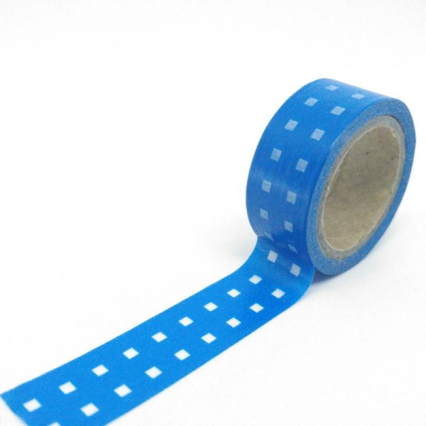 Washi tape petits carrés 5mx15mm bleu et blanc - Photo n°1