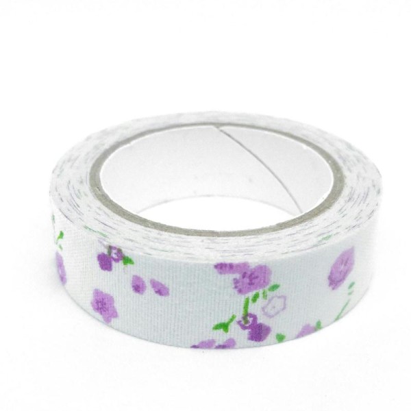 Fabric tape grandes fleurs pensées 5mx15mm violet et vert fond blanc - Photo n°1