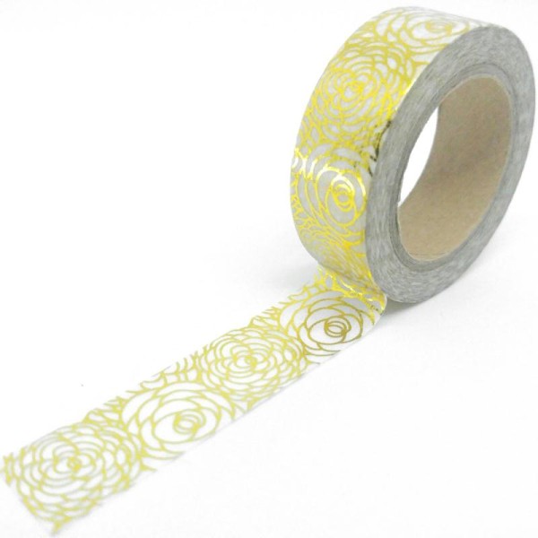 Washi tape brillant contour de rose 10mx15mm blanc et doré - Photo n°1