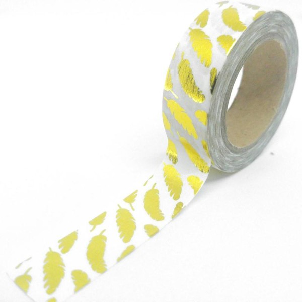 Washi tape brillant plumes 10mx15mm blanc et doré - Photo n°1