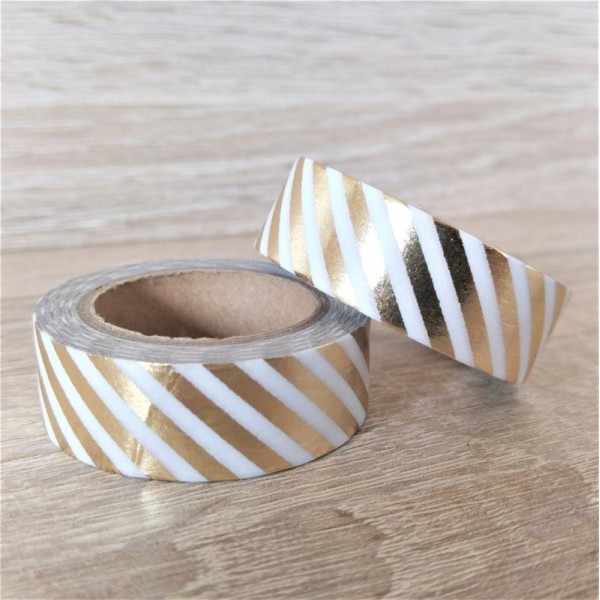 Washi tape brillant rayures diagonales 10mx15mm blanc et doré clair - Photo n°2