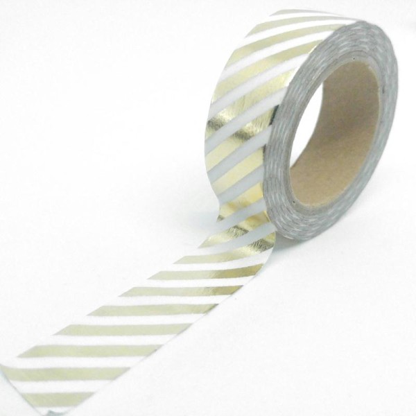 Washi tape brillant rayures diagonales 10mx15mm blanc et doré clair - Photo n°1