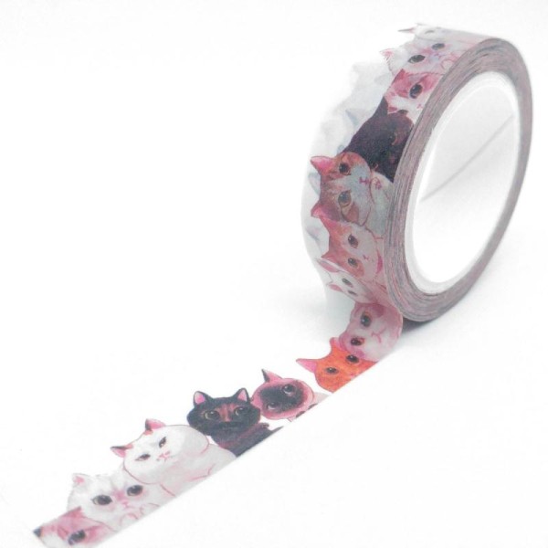 Washi tape bande de chats curieux 10mx15mm multicolore - Photo n°1