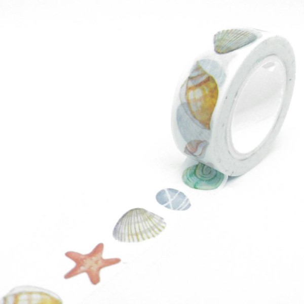 Washi tape coquillages et étoiles de mer 10mx15mm multicolore fond blanc - Photo n°1