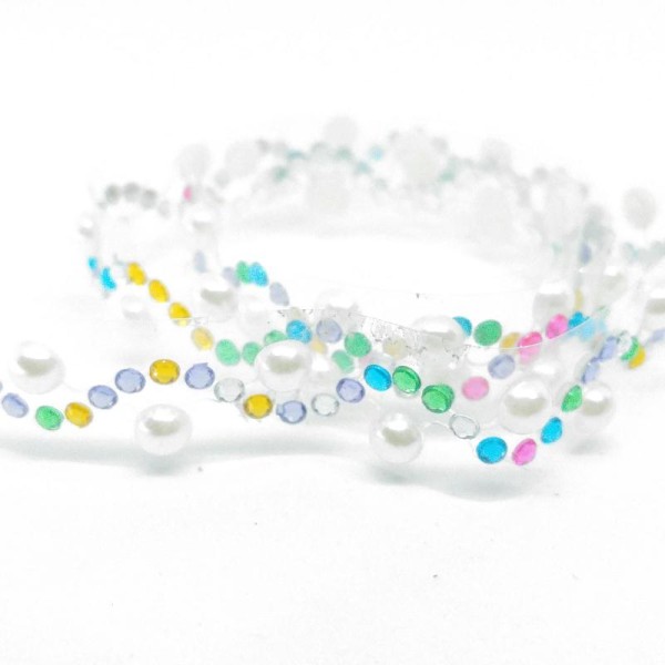 Ruban adhésif décoratif 50cmx15mm strass zigzag multicolores et demis perles blanches - Photo n°1