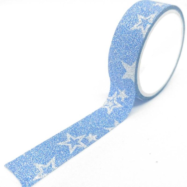 Washi tape grand rouleau pailleté étoiles pleins et contours d'étoiles 3mx15mm bleu foncé et argent - Photo n°1