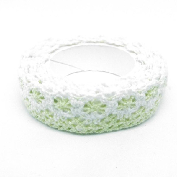 Lace tape dentelle fleurs pétales colorés 1,2mx18mm vert pastel et blanc - Photo n°1