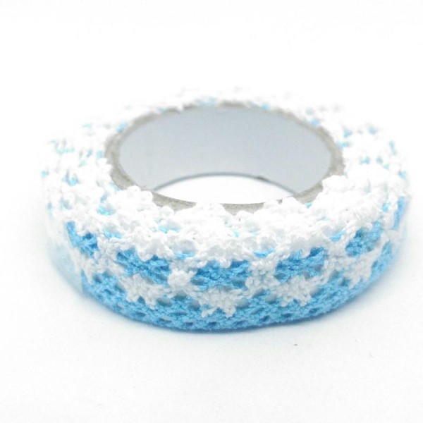 Lace tape dentelle fleurs pétales colorés 1,2mx18mm bleu ciel et blanc - Photo n°1