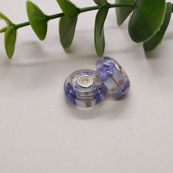 1 perle européenne verre de Murano 8 x 15 mm argent FLEUR MAUVE 625 - Photo n°1