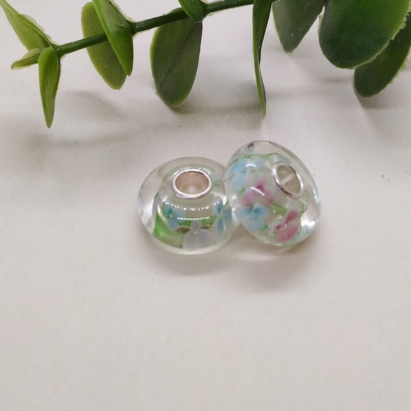 1 perle européenne verre de Murano 8 x 15 mm argent FLEURI BLEU VERT 633 - Photo n°1