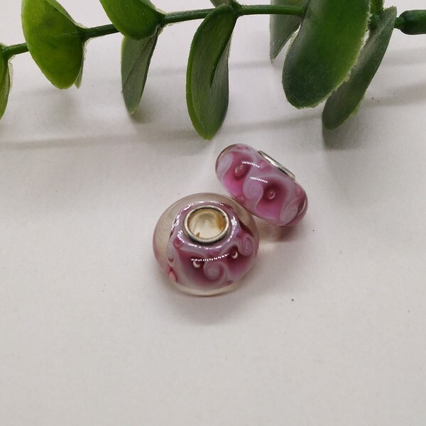 1 perle européenne verre de Murano 8 x 15 mm argent CHAMARE ROSE BLANC 636 - Photo n°1