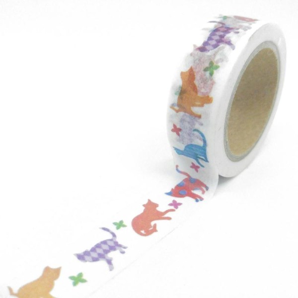Washi tape chats colorés à motifs et papillons 10mx15mm multicolore - Photo n°1