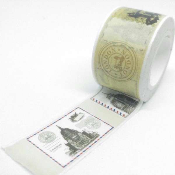 Washi tape large timbres monuments 10mx25mm fond beige - Photo n°1