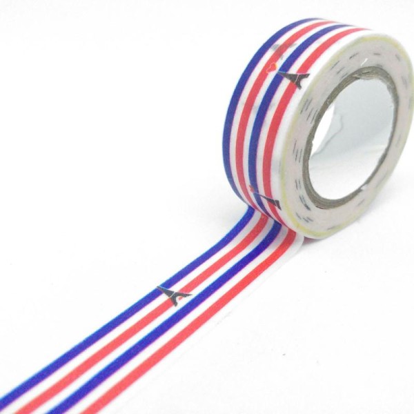 Washi tape lignes tricolores et tour eiffel sommet coeur 10mx15mm bleu, blanc et rouge - Photo n°1