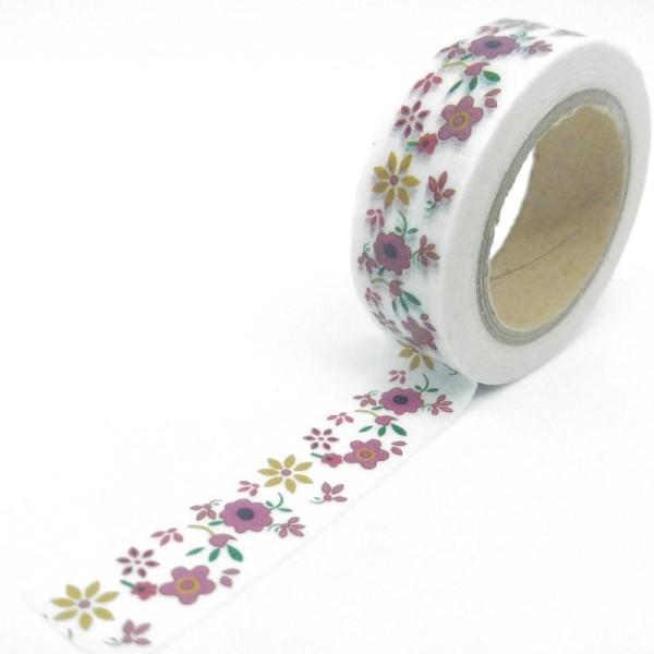 Washi tape fleurs automnales 10mx15mm blanc et marron - Photo n°1