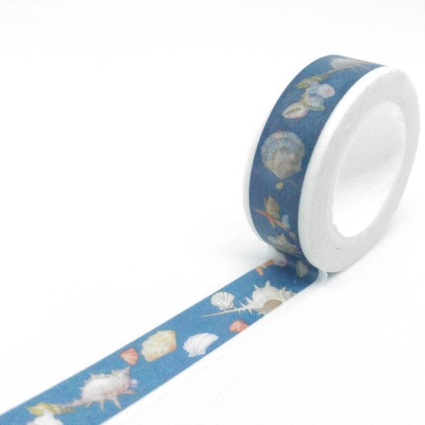 Washi tape coquillages 10mx15mm fond bleu abyssal - Photo n°1