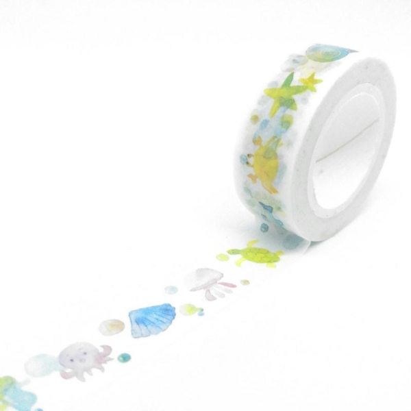 Washi tape animaux marin et coquillages 10mx15mm pastel - Photo n°1