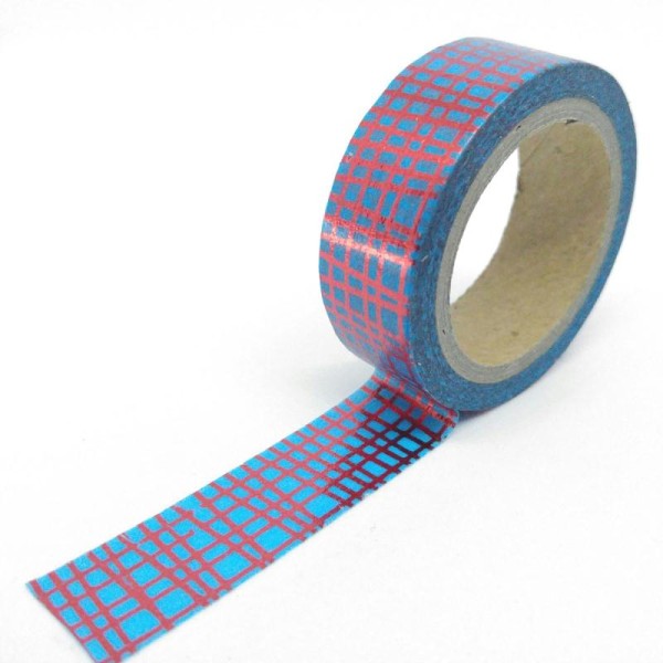 Washi tape brillant grillage 6mx15mm bleu et rouge - Photo n°1