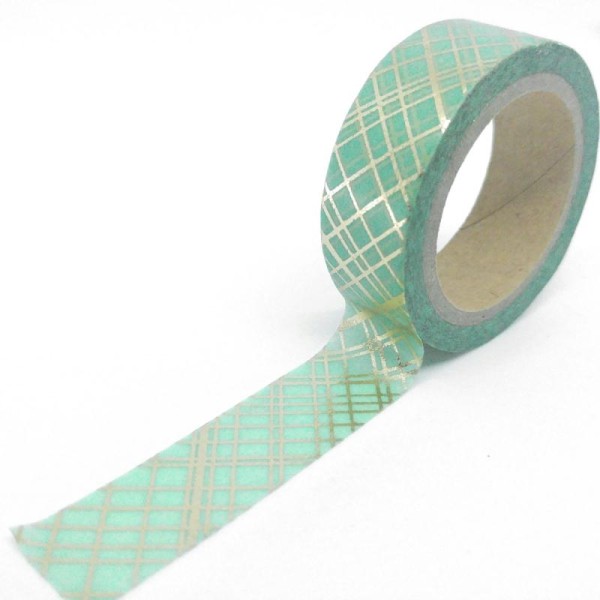Washi tape brillant traits croisés 6mx15mm vert et or - Photo n°1