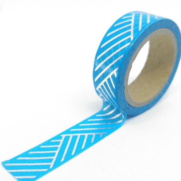 Washi tape brillant traits 6mx15mm bleu et argent - Photo n°1