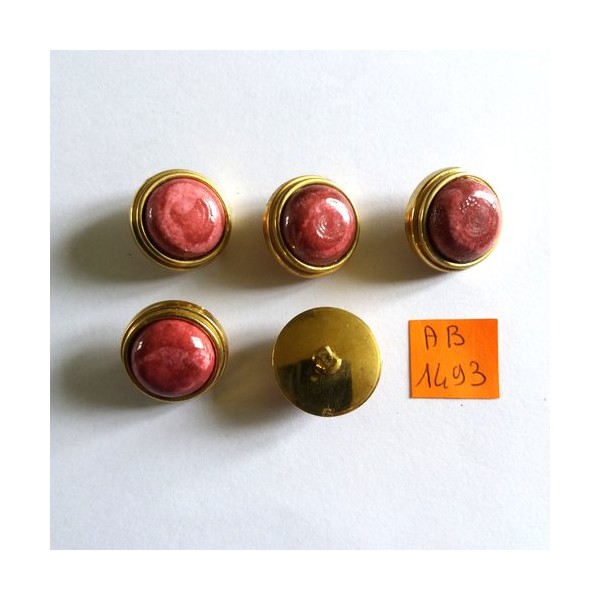 5 boutons en résine vieux rose et métal doré - 23mm - AB1493 - Photo n°1