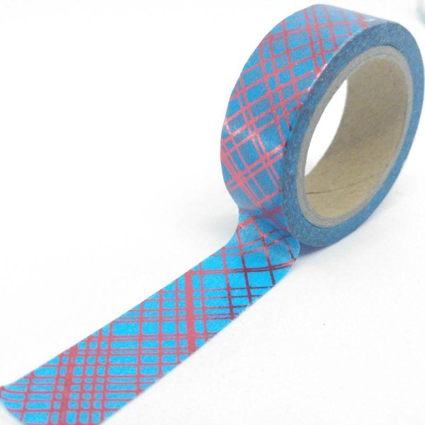 Washi tape brillant traits croisés 6mx15mm bleu et rouge - Photo n°1