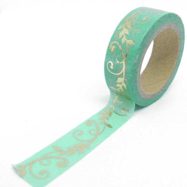 Washi tape brillant branche 6mx15mm vert et or - Photo n°1