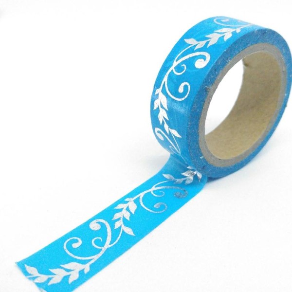 Washi tape brillant branche 6mx15mm bleu et argent - Photo n°1
